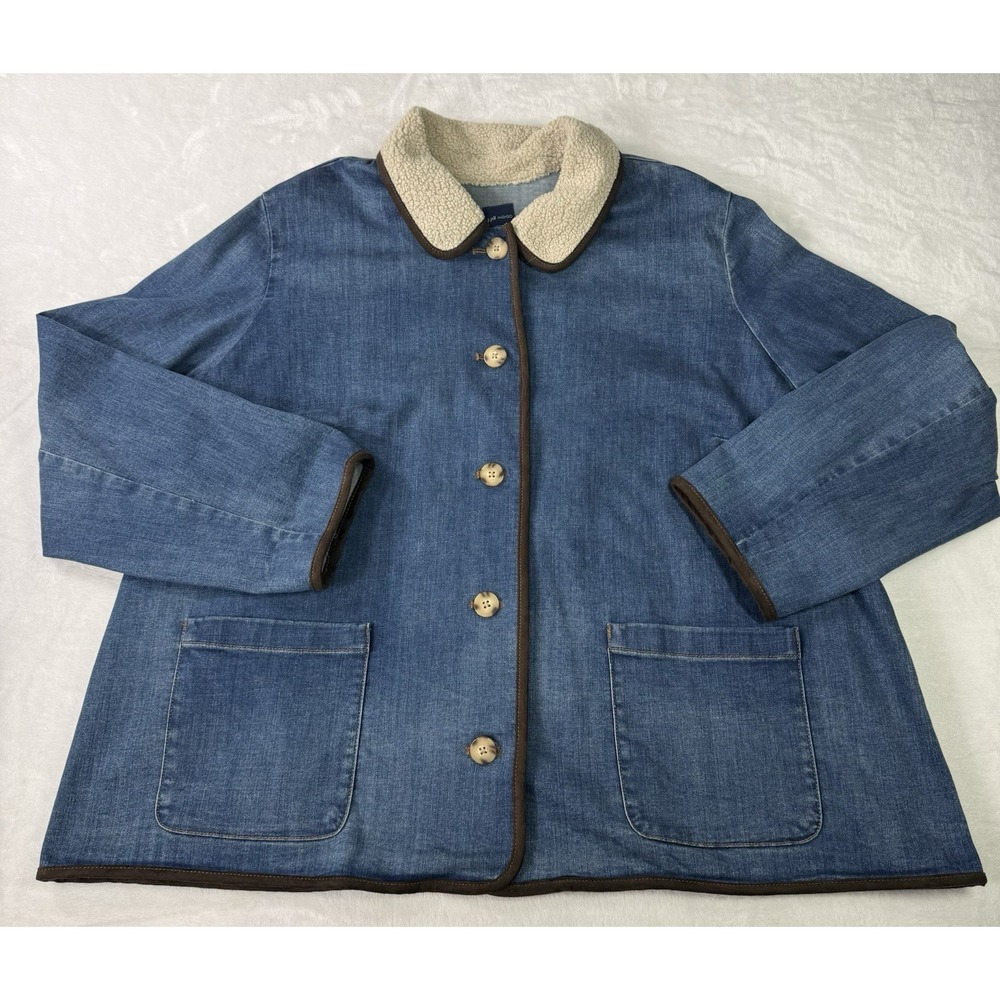 J Jill Indigo Denim Western Barn Jacket Size Plus 3X Sherpa Collar‎ Medium Wash